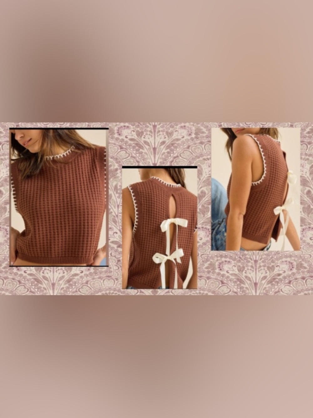 Altard State Bow Vest/ Color: BROWN-IVORY     Waffle Knit  - Size: X LARGE